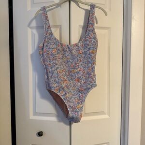 J. Crew Floral Print One Piece Swimsuit - Light Blue and Peach